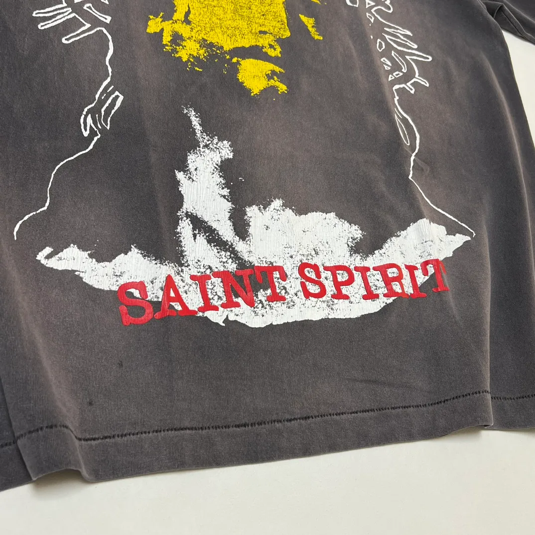 SAINT MICHAEL SS TEE/B FOR REAPER Jesus Hell's Angels Washed and Distressed Short Sleeves Washed Black S-XL Garment Dyed Printed Washed and Distressed